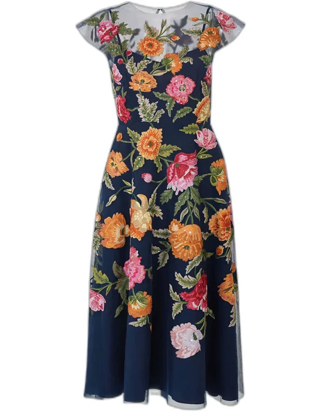 Floral Embroidered Cap-sleeve Illusion Midi Dress
