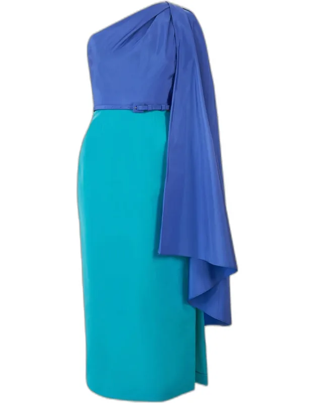 Colorblock Silk Belted One-shoulder Maxi Dress With Detachable Drape