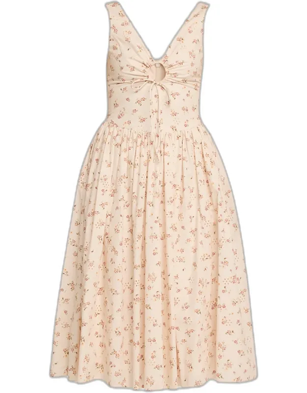 Penelope Sleeveless Floral Cotton Keyhole Midi Dress