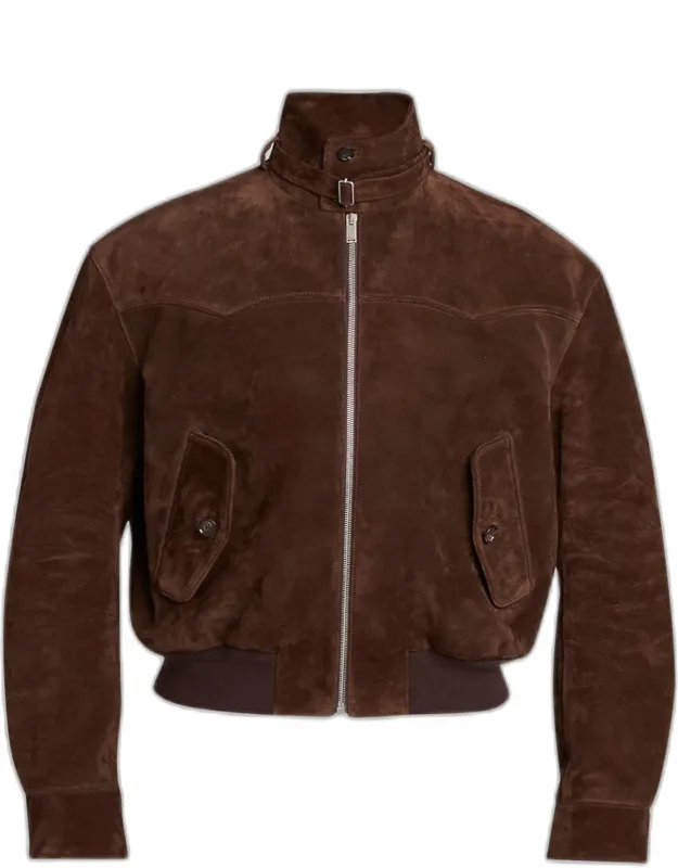 Harrington Cropped Leather Bomber Jacket