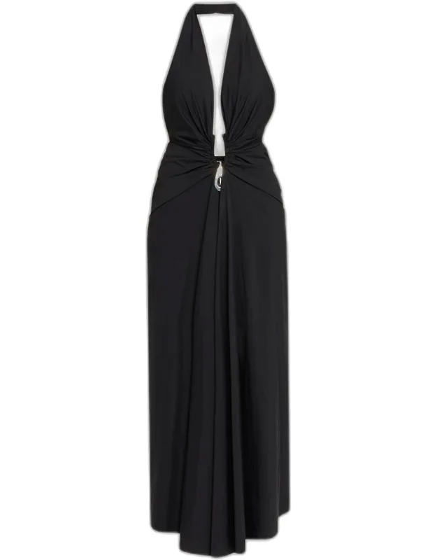 Crystal Pendant Plunging Halter Maxi Dress