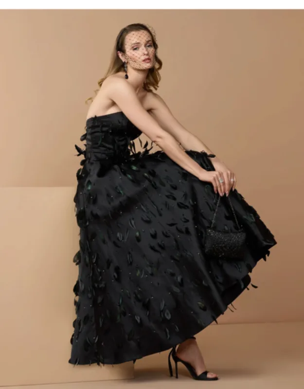 Strapless Feather Embellished Satin A-line Dress
