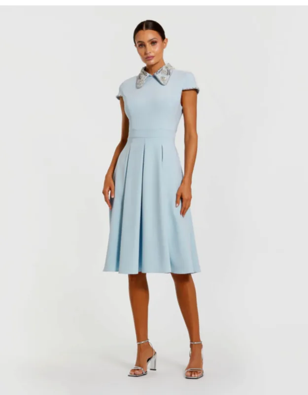 Crepe Short Sleeve Midi Dress With Beading