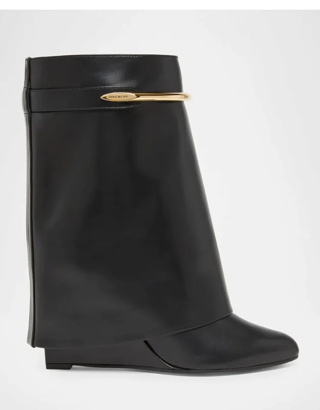 Shark Pinch Draped Leather Wedge Ankle Boots