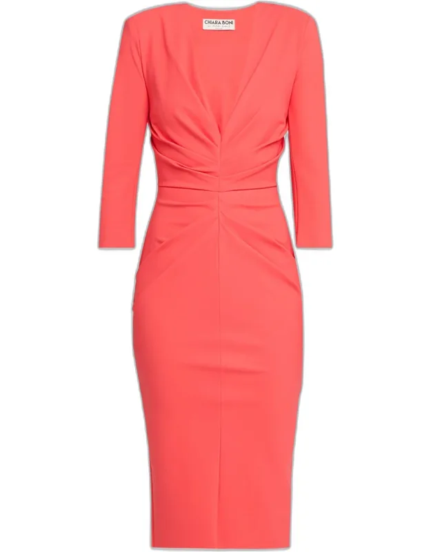 Pleated Deep V-neck Midi Sheath Dress
