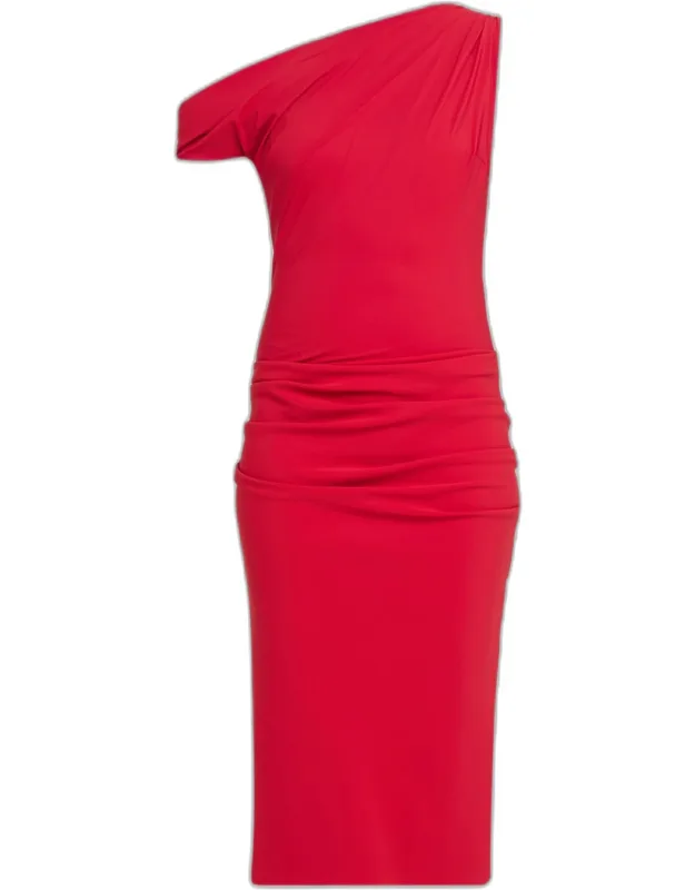 Ruched One-shoulder Midi Sheath Dress