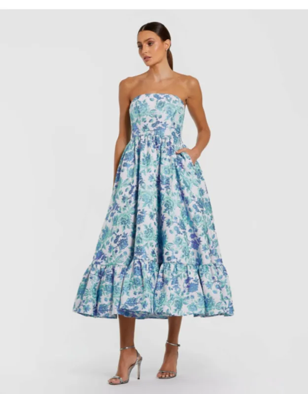 Floral Brocade Strapless A Line Midi Dress