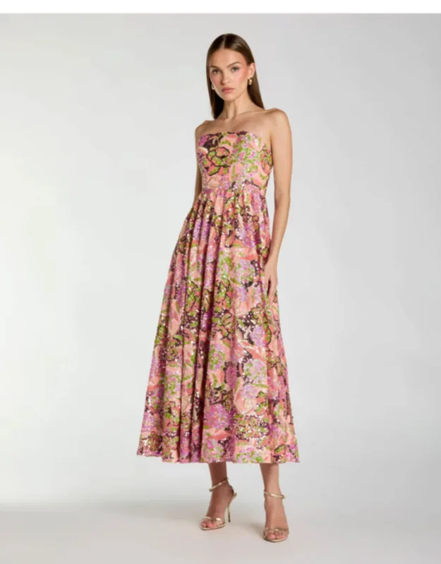 Multicolor Strapless Sequin Floral Midi Dress