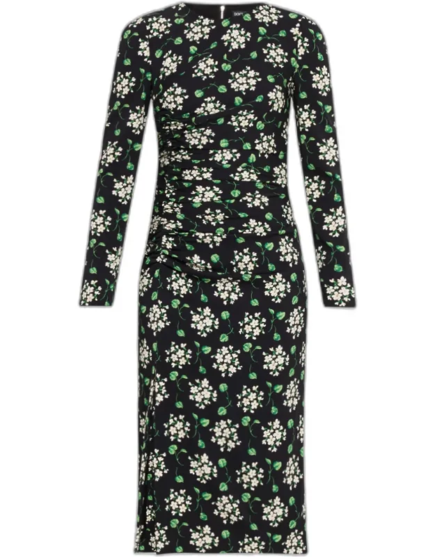 Floral Silk Long-sleeve Ruched Midi Dress