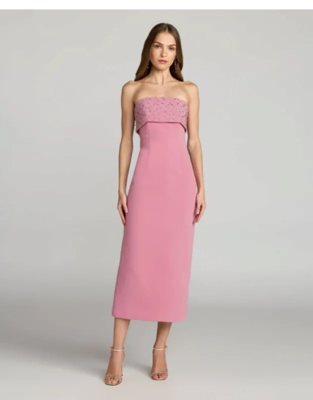 Strapless Crepe Midi Dress With Rhinestone Detail
