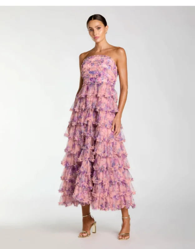 Floral Ruffle Tiered Strapless Midi Dress