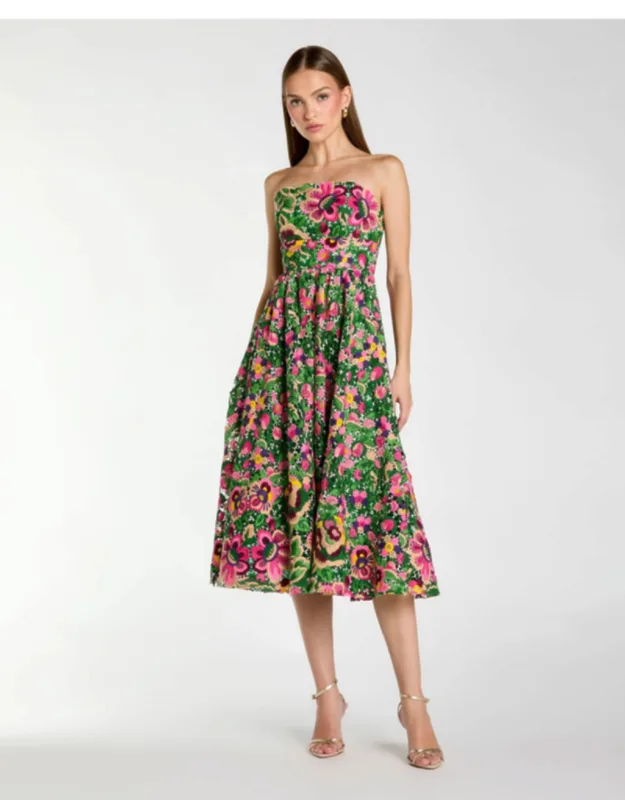 Strapless Floral Embroidered Midi Dress