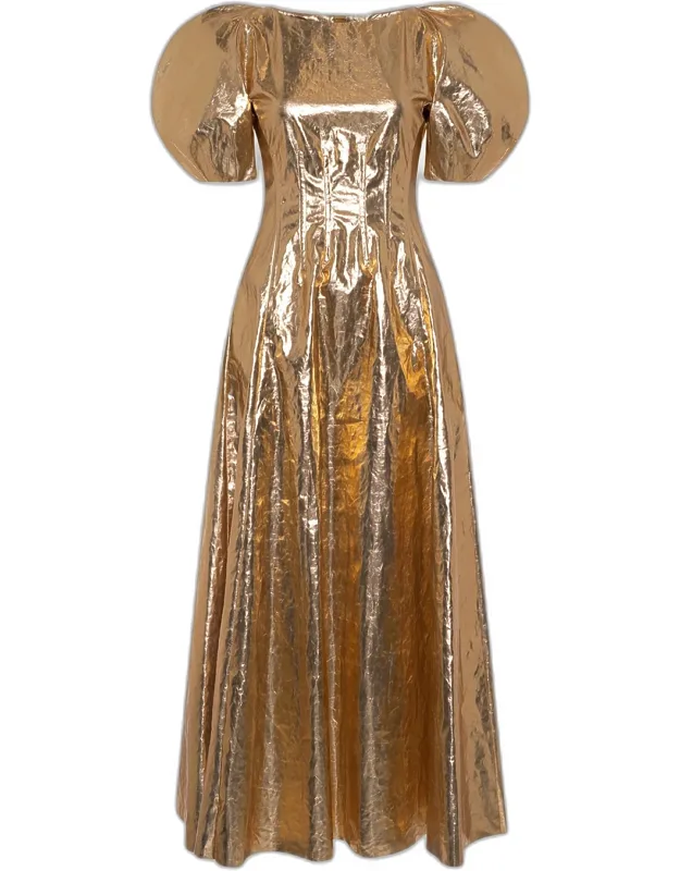 Ranya Metallic Linen Puff-sleeve Maxi Dress