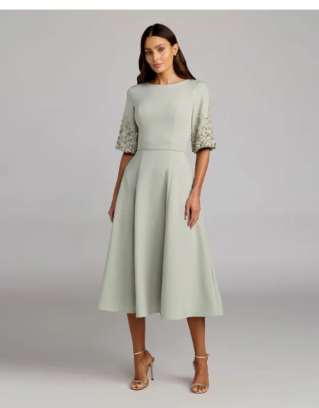 Crepe A Line Midi Dress With Beaded Sleeves