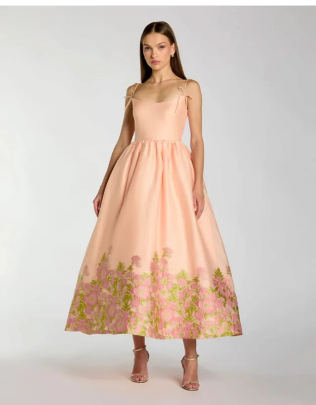 Peach Spaghetti Strap Organza Midi Dress With Bow Detail