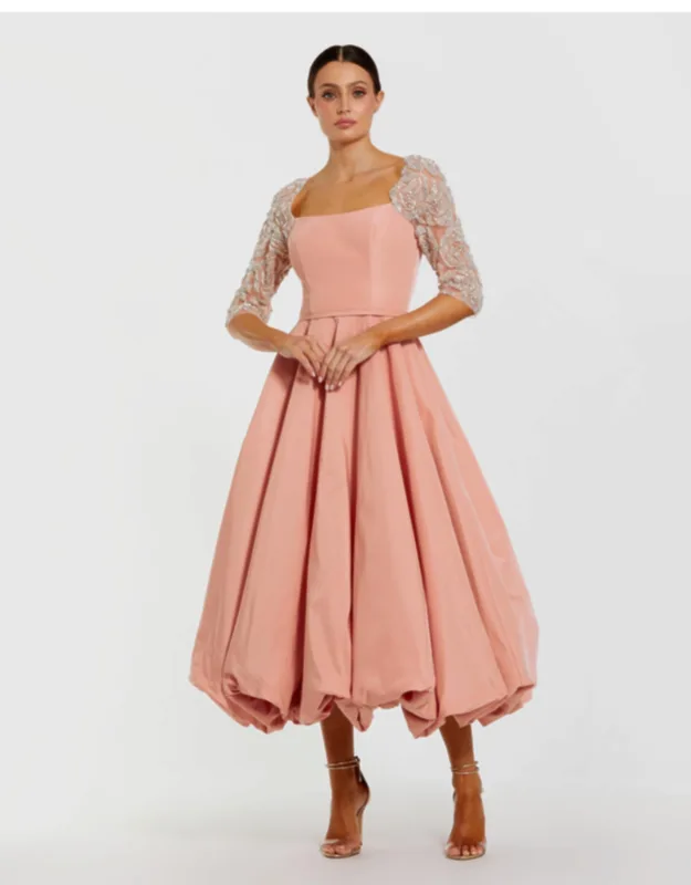 Bubble Hem Midi Dress With Embellished Sleeves