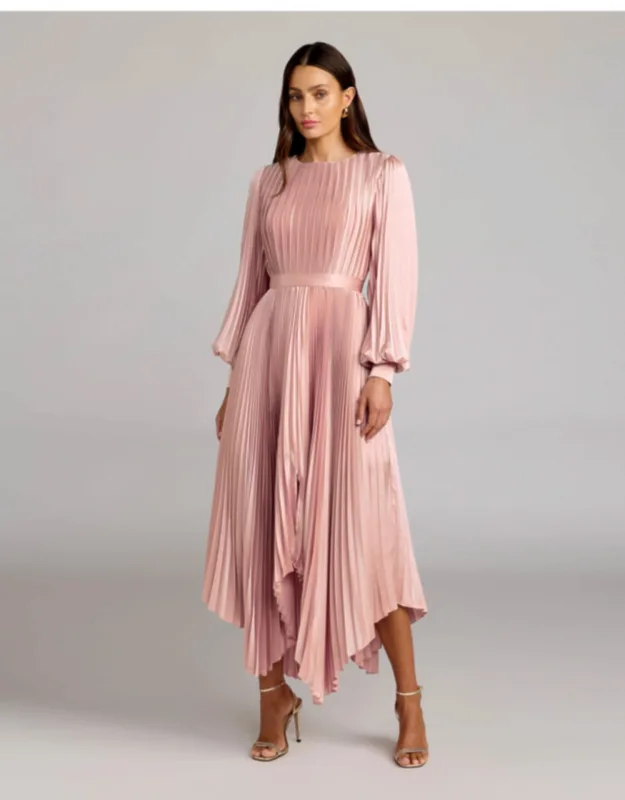 Long Sleeve Pleated Charmeuse Handkerchief Dress