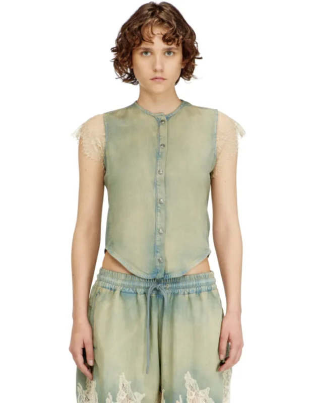 Short-sleeve Shirt In Denim And Lace