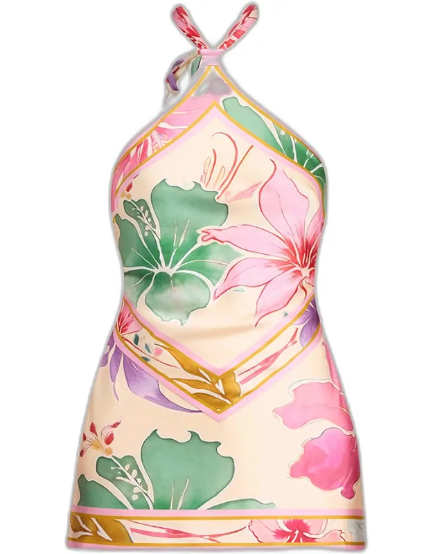 Floral Silk Knotted Halter Overlay Mini Dress
