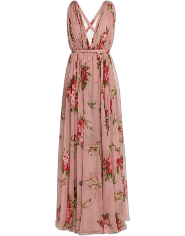 Rose Bouquet-print Chiffon Dress