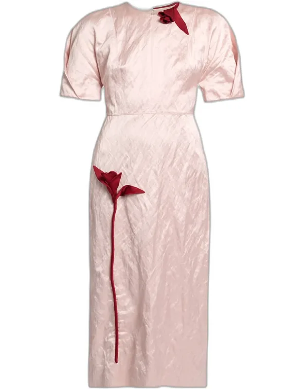 Tulip Applique Crinkled Satin Midi Dress