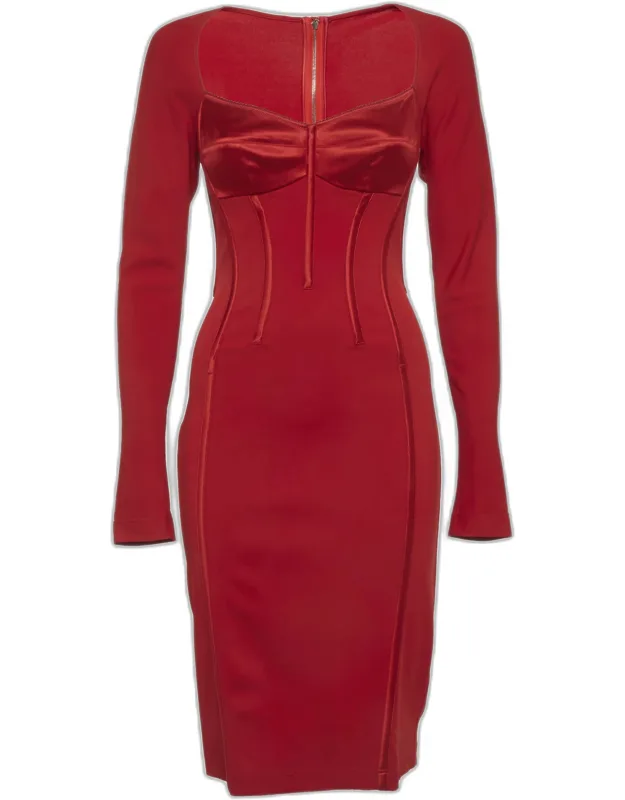 Stretch Knit And Satin Long Sleeve Corset Dress