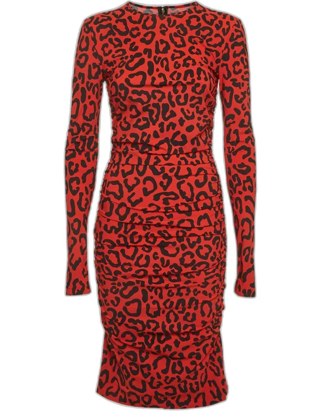 Animal Print Stretch Knit Ruched Midi Dress