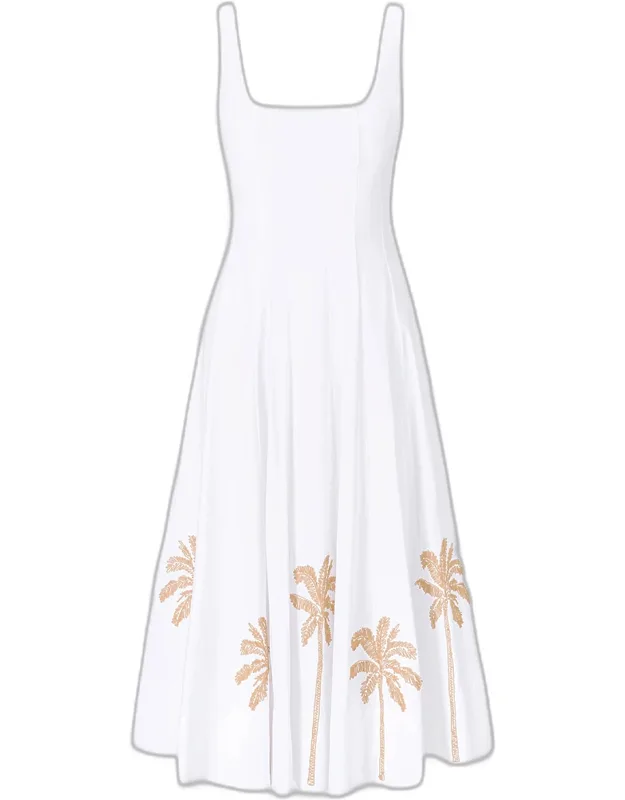 Palm Tree Embroidered Poplin Midi Dress