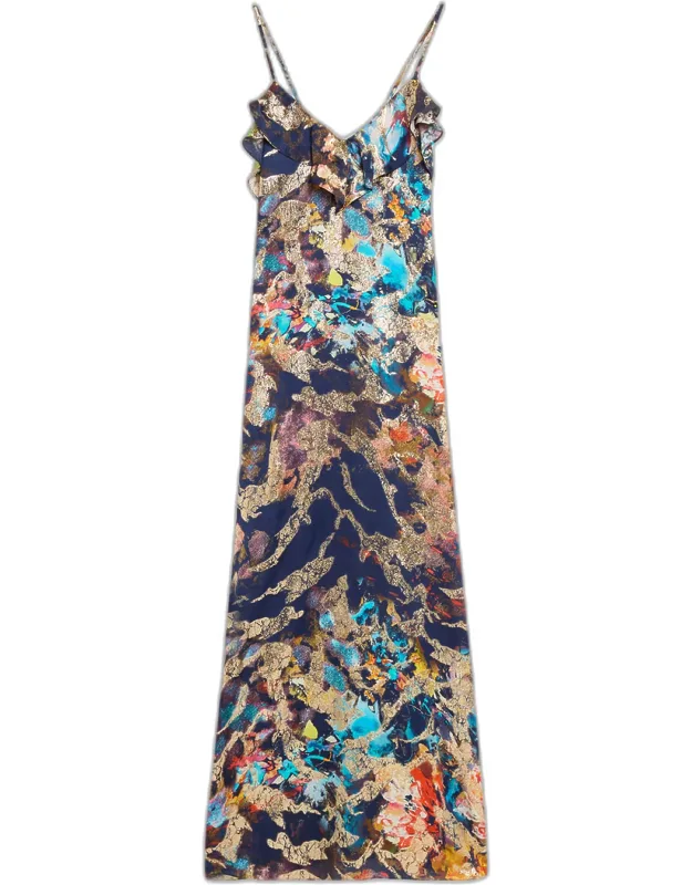Abstract Ruffle Maxi Dress