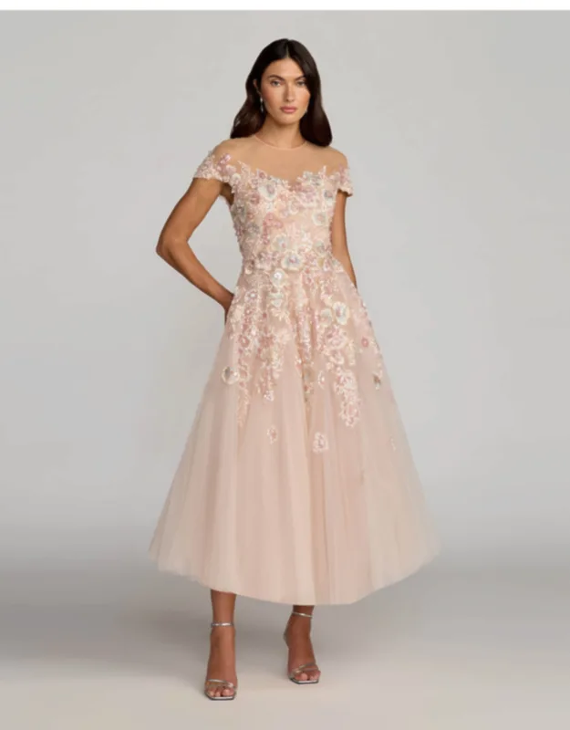 Embroidered Tulle High Neck Cap Sleeve Dress