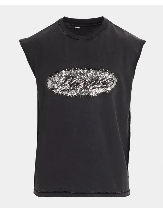 Sequin-logo Distressed Cotton Tank Top