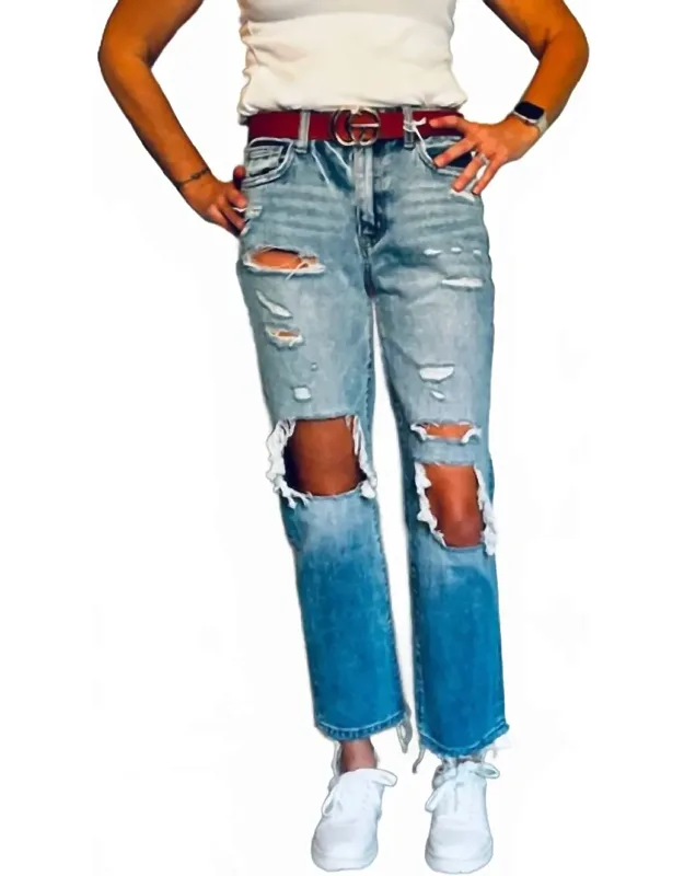 Mid Rise Distressed Straight Jeans