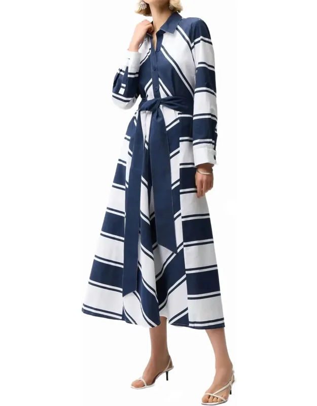 Cotton Stripe Print Fit And Flare Dress With Sash