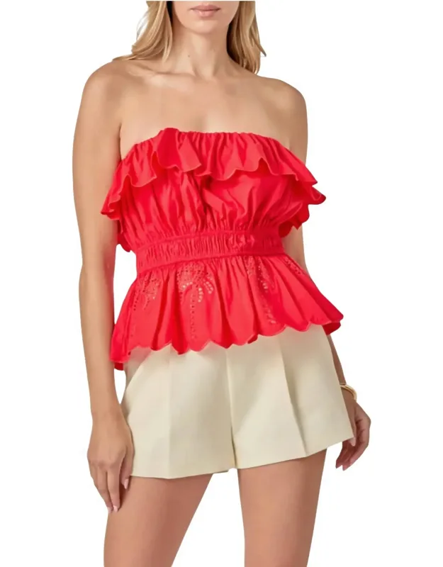 Embroidered Ruffle Strapless Top