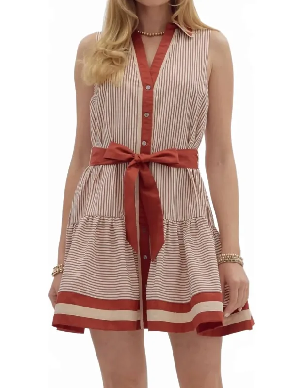 Striped Button Down Waist Tie Mini Dress