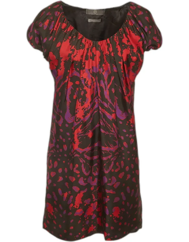 Multicolour Graphic Print Silk Puff Sleeve Mini Dress
