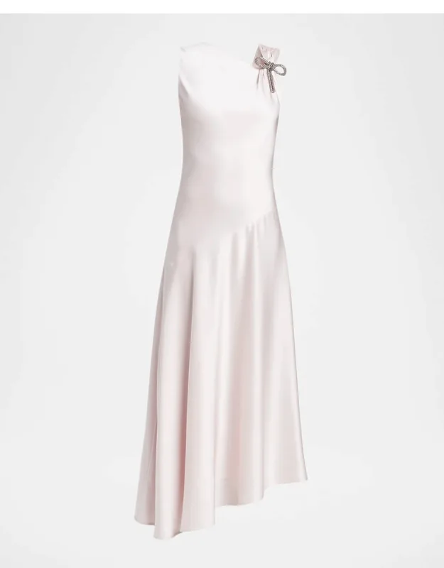 Asymmetric Bow-shoulder Satin Midi Dress
