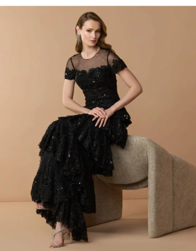 Embellished High Neck Gown With Tiered Ruffle Skirt