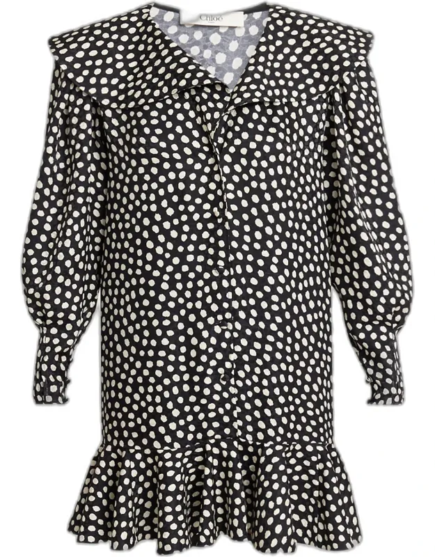 Dots-print Silk Jacquard Capelet Long-sleeve Mini Dress