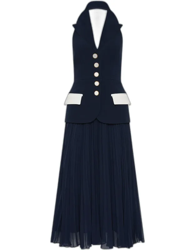 Halter Lapel Pleated Midi Dress