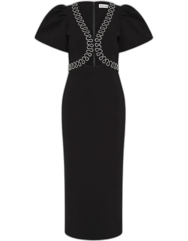 Puff-sleeve Diamante Cutout Midi Dress