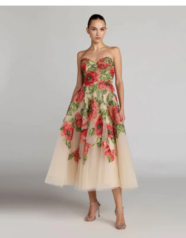 Strapless Floral Embroidered Midi Dress