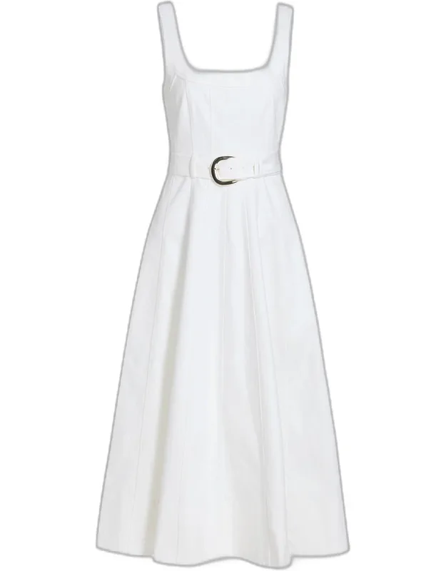 Belted A-line Denim Midi Dress