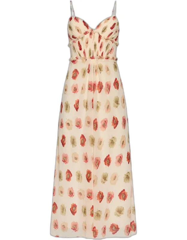 Floating Poppies Ruffle-trim Midi Dress