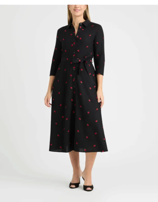 Linen Belted Shirt Dress With Embroidery Detail