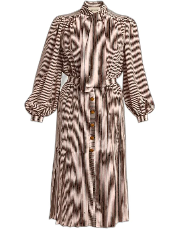 Striped Neck-scarf Balloon-sleeve Midi Shirtdress