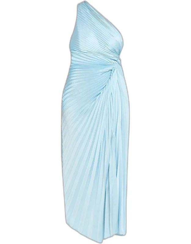 Pleated One-shoulder Satin Midi Dress