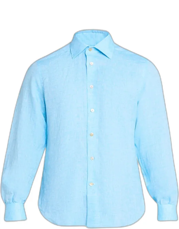 Solid Linen Button-down Shirt With Mother-of-pearl