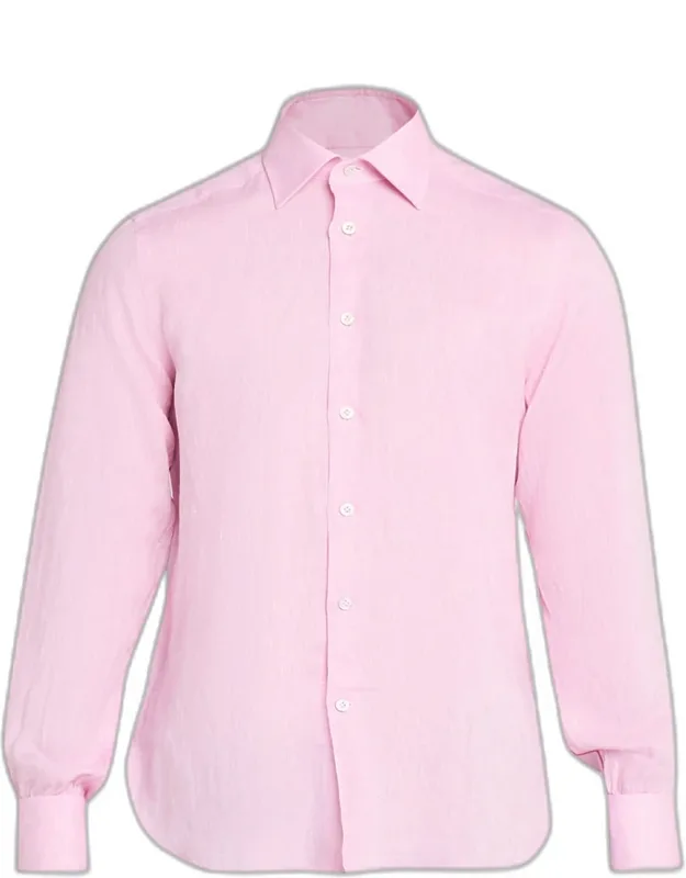 Solid Linen Button-down Shirt With Mother-of-pearl