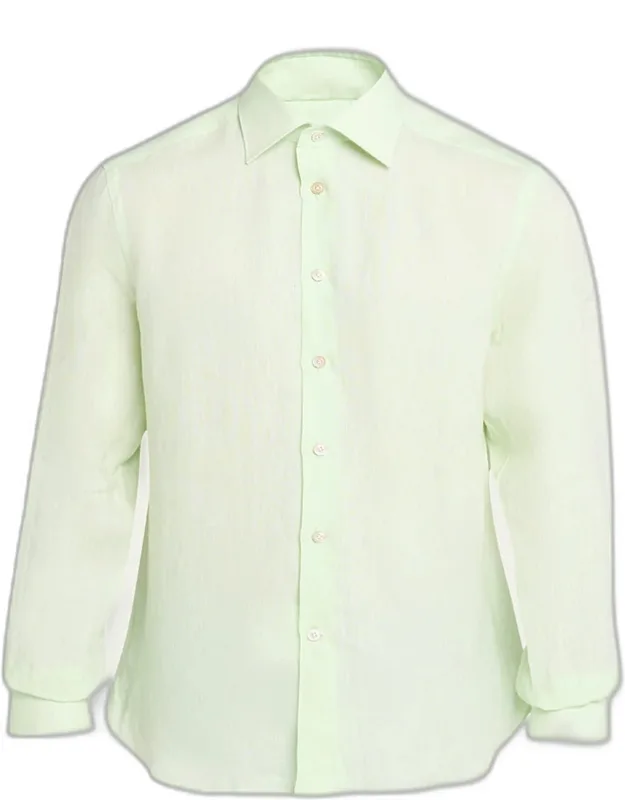 Solid Linen Button-down Shirt With Mother-of-pearl